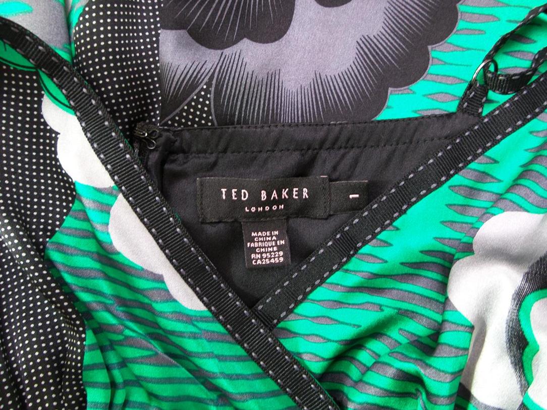 Ted Baker London Size 1 Color Zielony W serek Sukienka Letnia Bezrękawnik Do Kolan Fabric Jedwab