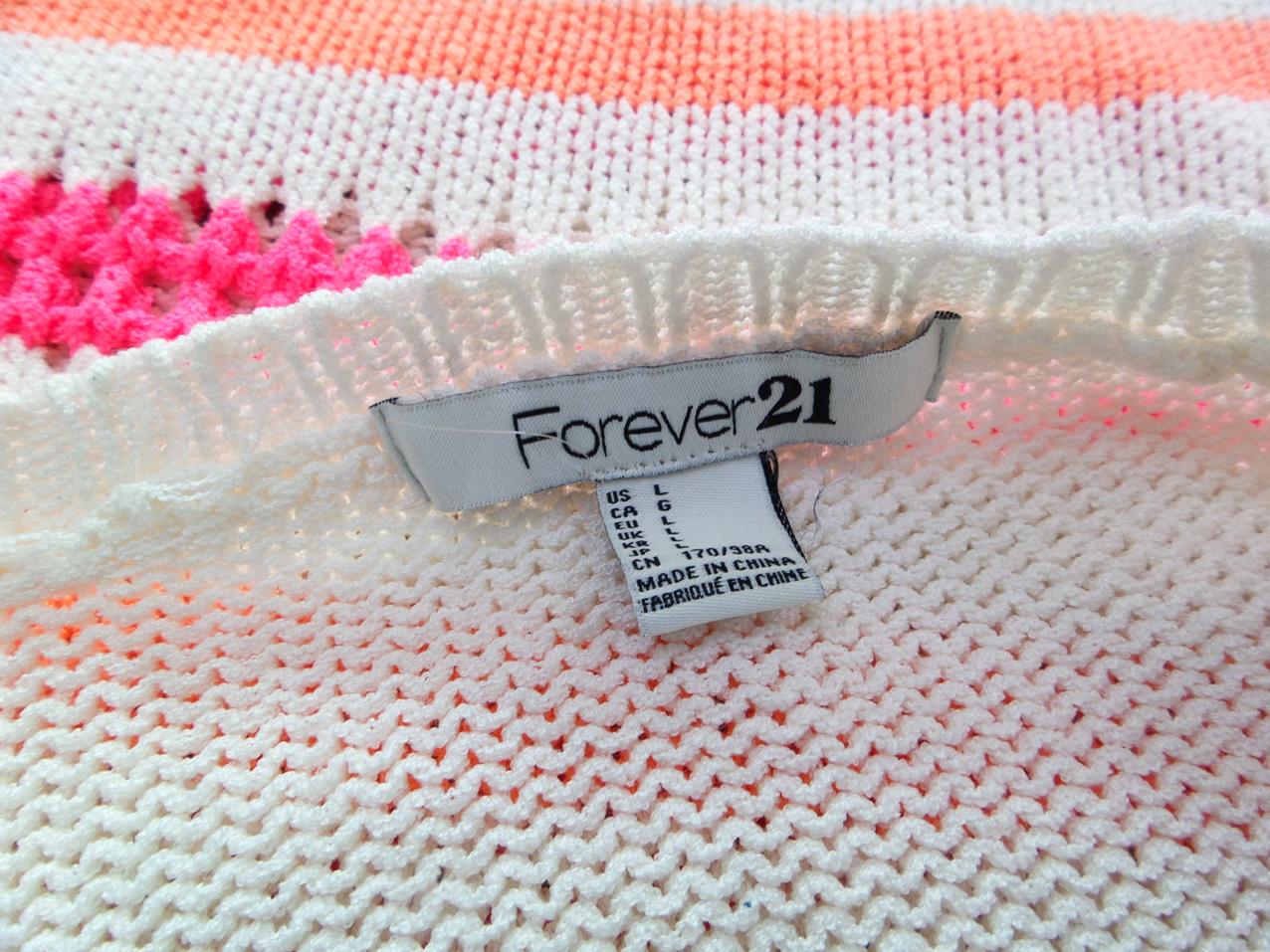 Forever 21 Size L Color Biały Pasy Okrągły dekolt Sweter Długi rękaw Otwarta dzianina