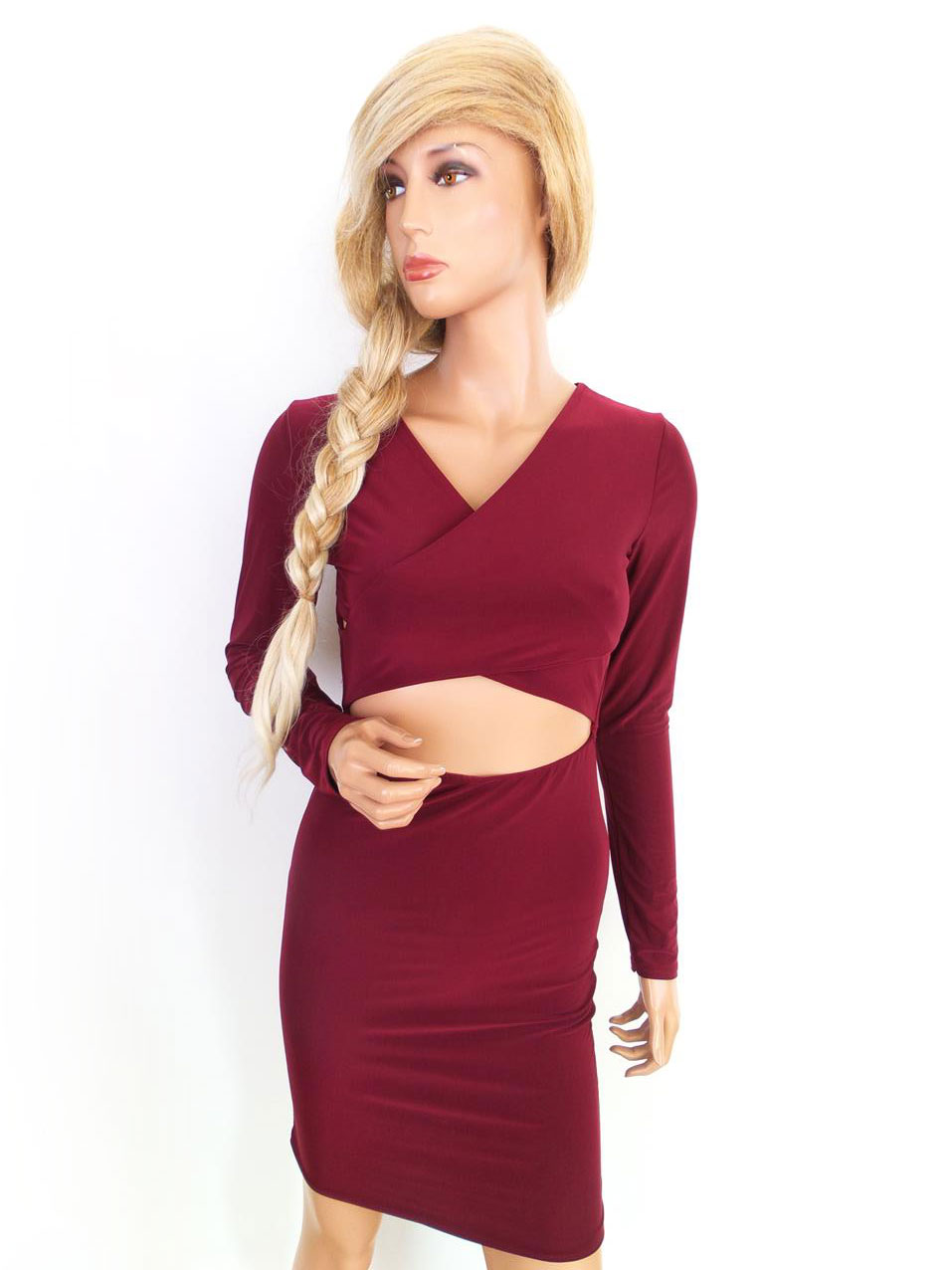 Size 36 Color Bordowy W serek Sukienka Bodycon Długi rękaw Do Kolan