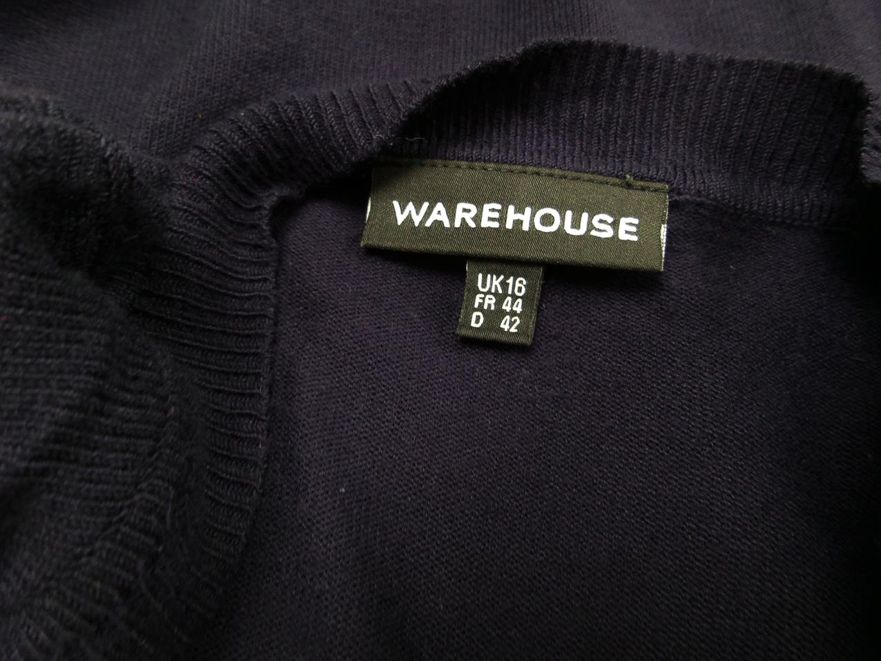 Warehouse Size 44 Color Granatowy W serek Sukienka Sweterkowa Rękaw 3/4 Do Kolan Fabric Wiskoza