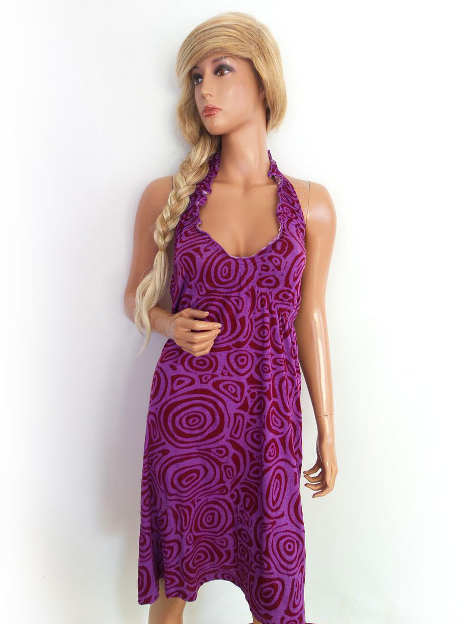 Sambalou Size L Color Purpurowy Halter Sukienka Letnia Bezrękawnik Do Kolan Fabric Wiskoza