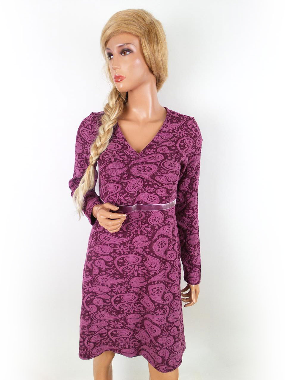 Cream Size S Color Purpurowy Paisley W serek Sukienka Sweterkowa Długi rękaw Do Kolan Fabric Bawełna