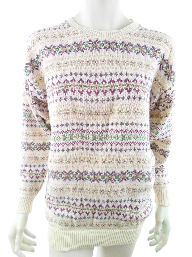 Vintage Size M Color Kremowy Fair Isle Crew Neck Długi Sweter Tunika Długi rękaw Fabric Akryl 100% Gruba dzianina