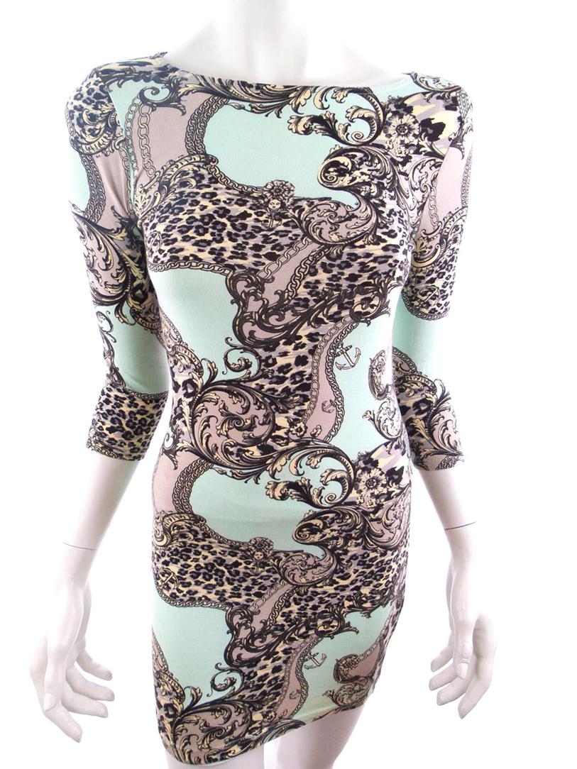 River island Size 8 (36) Color Miętowy W łódkę Sukienka Bodycon Rękaw 3/4 Krótka Fabric Bawełna