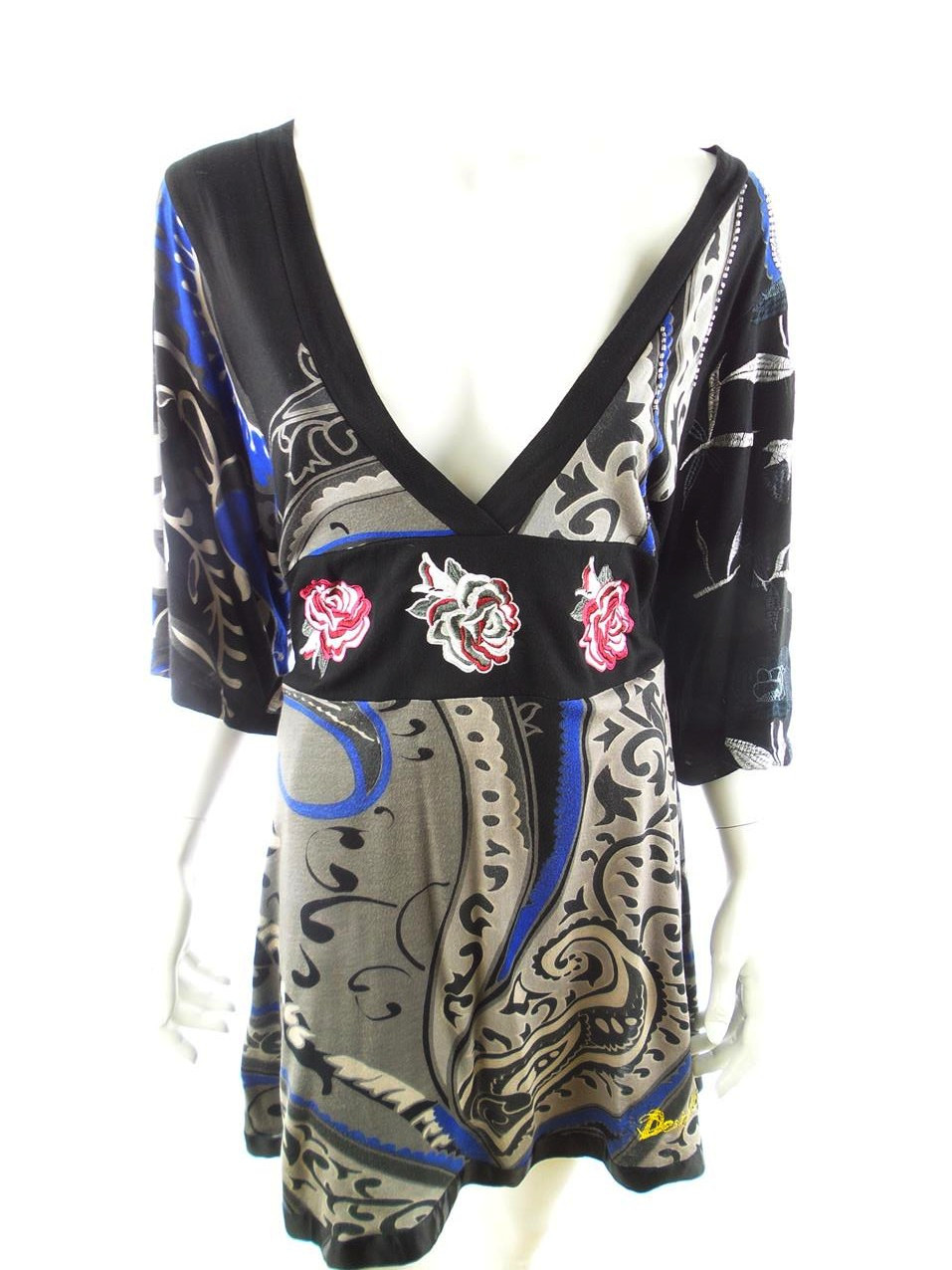 DESIGUAL Size S Color Czarny W serek Sukienka Prosta Rękaw 3/4 Do Kolan