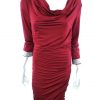 LmC Size L Color Bordowy Drapowany dekolt Sukienka Bodycon Rękaw 3/4 Do Kolan