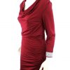 LmC Size L Color Bordowy Drapowany dekolt Sukienka Bodycon Rękaw 3/4 Do Kolan