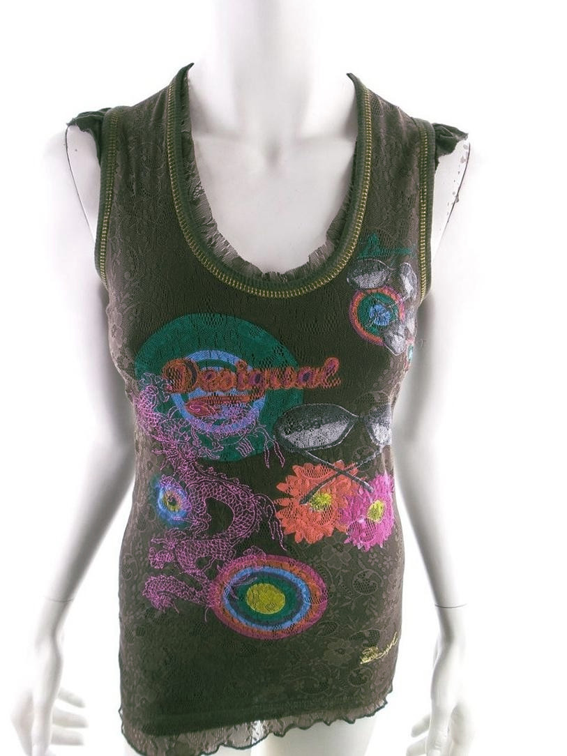 DESIGUAL Size S Color Zielony Geometryczny Okrągły dekolt Tunika Bluzka Bezrękawnik