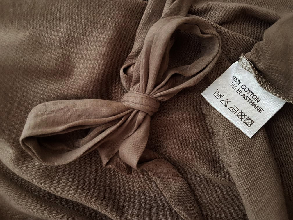 BZR Size XL Color Brązowy Dekolt U Sukienka Prosta Rękaw 3/4 Do Kolan Fabric Bawełna