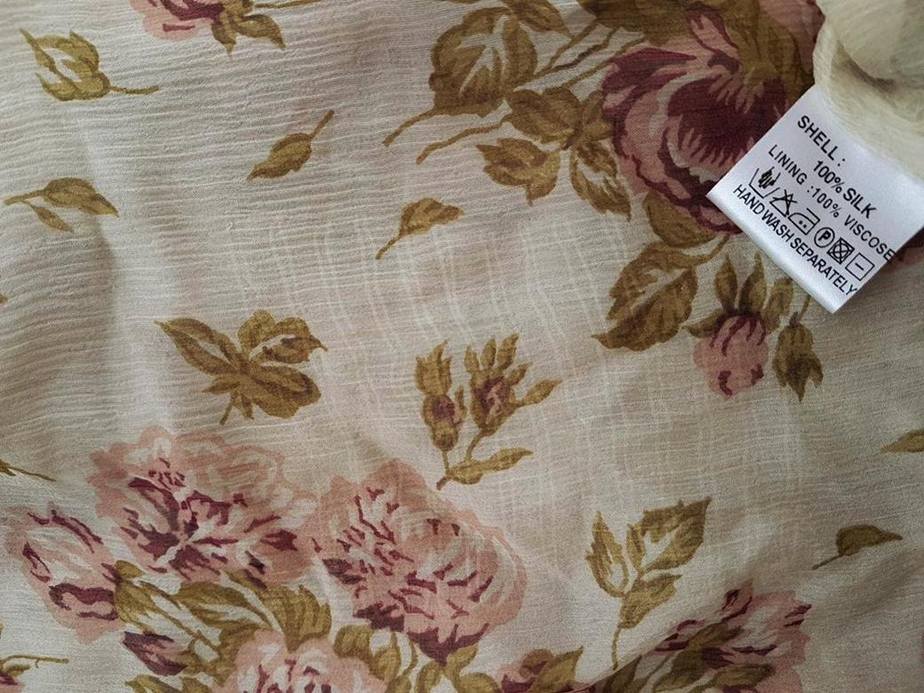 Hunkydory Size S Color Beżowy Okrągły dekolt Sukienka Prosta Długi rękaw Do Kolan Fabric Jedwab 100%