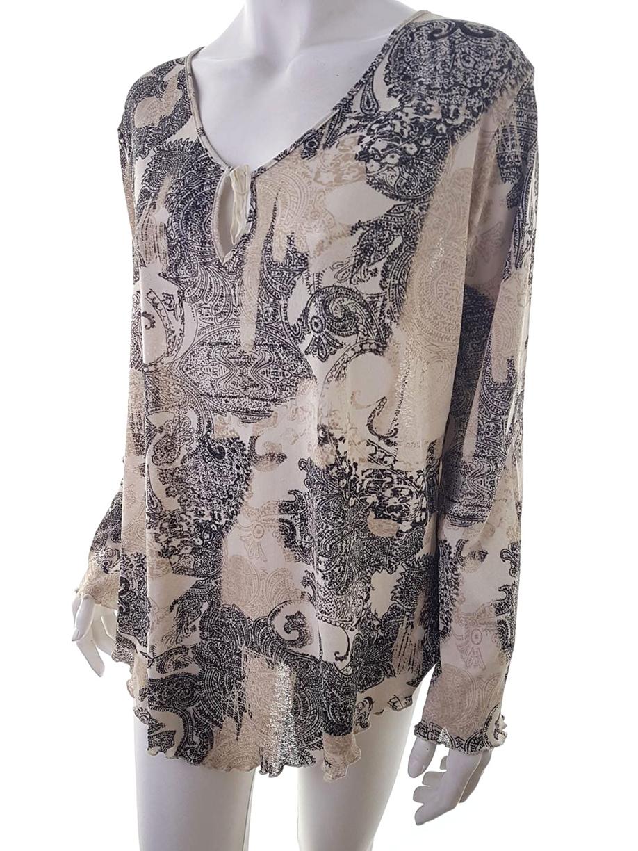 XLNT Size 46/48 Color Beżowy Paisley Keyhole Crew Neck Bluzka Długi rękaw