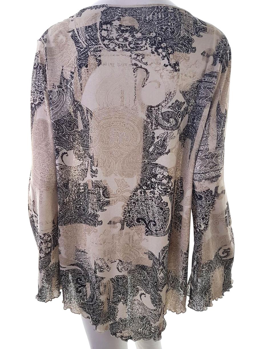 XLNT Size 46/48 Color Beżowy Paisley Keyhole Crew Neck Bluzka Długi rękaw