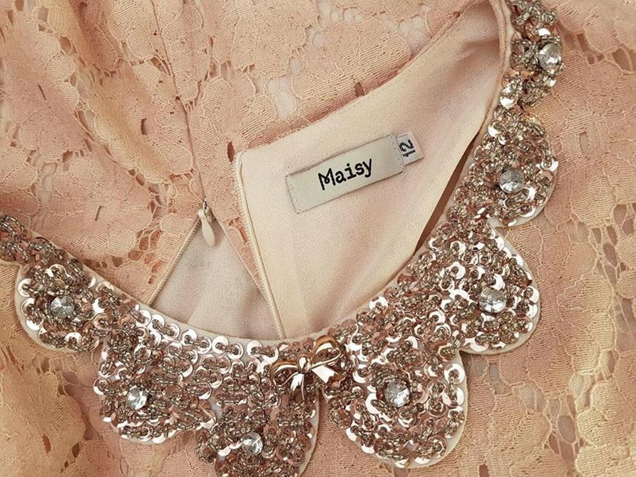 Maisy Size 12 (40) Color Pudrowy Róż Okrągły dekolt Sukienka Mini Krótki rękaw Krótka Fabric Bawełna