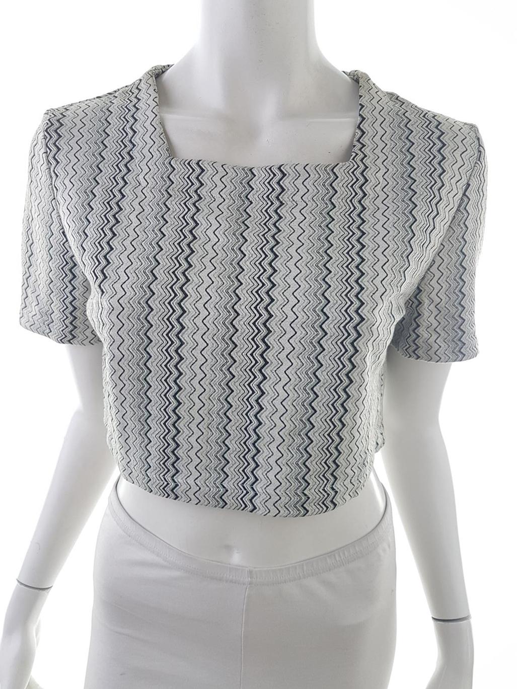 B Vintage Size 40 Color Szary Jodełka Kwadratowy dekolt Bluzka Crop Top Krótki rękaw Fabric Wiskoza