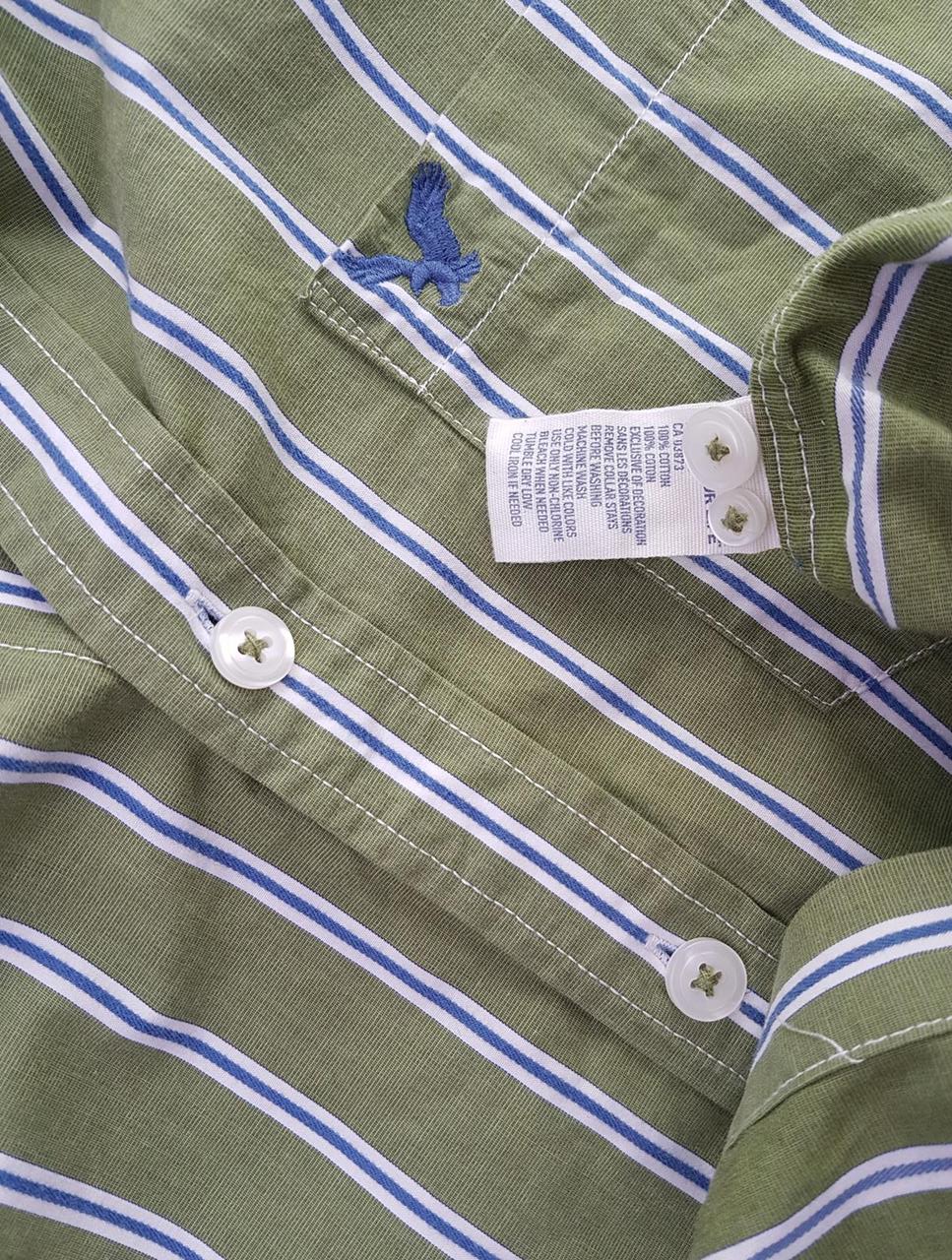 American Eagle Size L Color Zielony Pasy Kołnierz Męska Koszula Casual Długi rękaw Fabric Bawełna 100%