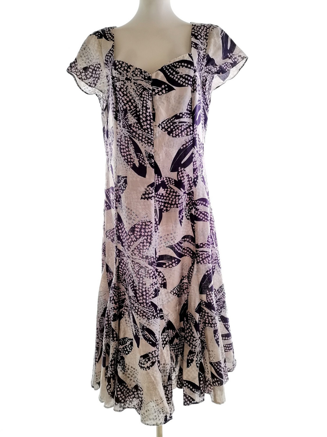 Fenn wright manson Size 16 (42) Color Fioletowy Kwadratowy dekolt Sukienka Trapezowa Krótki rękaw Midi Fabric Len 100%