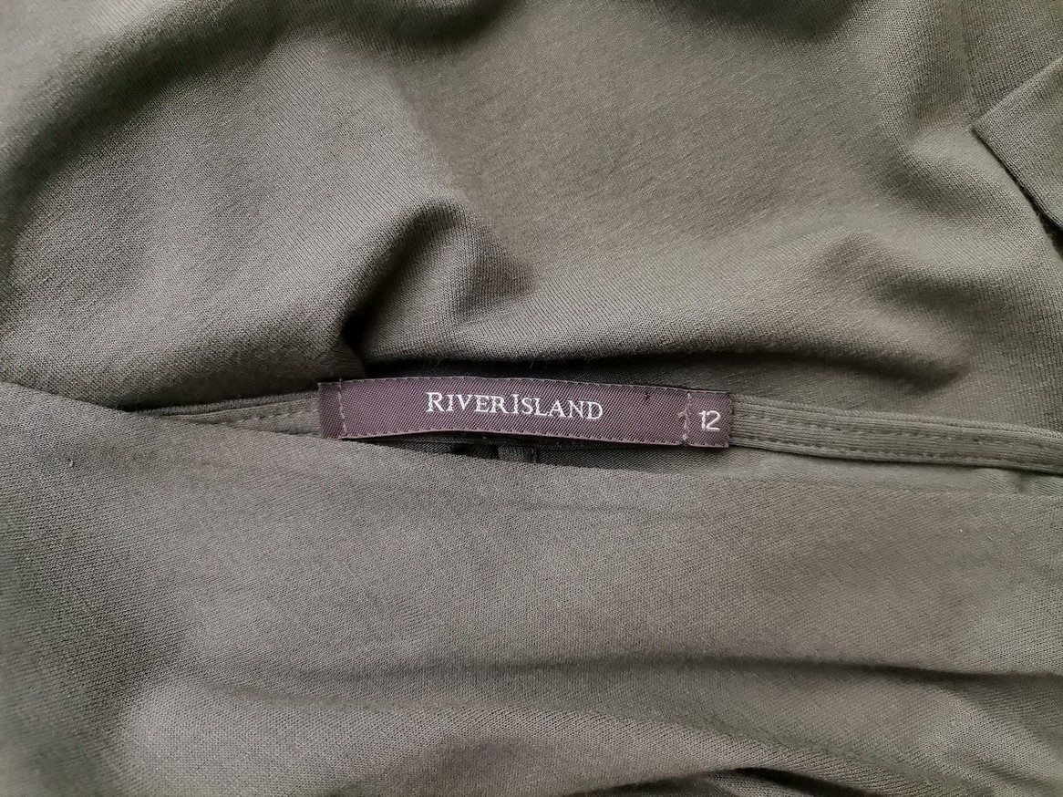 River island Size 12 (40) Color Khaki W serek Sukienka Kopertowa Rękaw 3/4 Midi Fabric Wiskoza