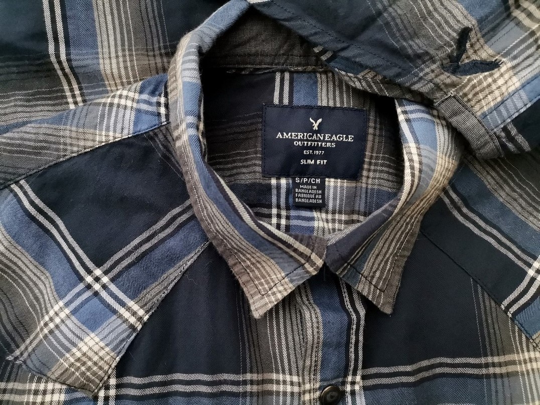 American Eagle Size S Color Granatowy Krata Kołnierz Męska Koszula Casual Długi rękaw Fabric Bawełna 100%