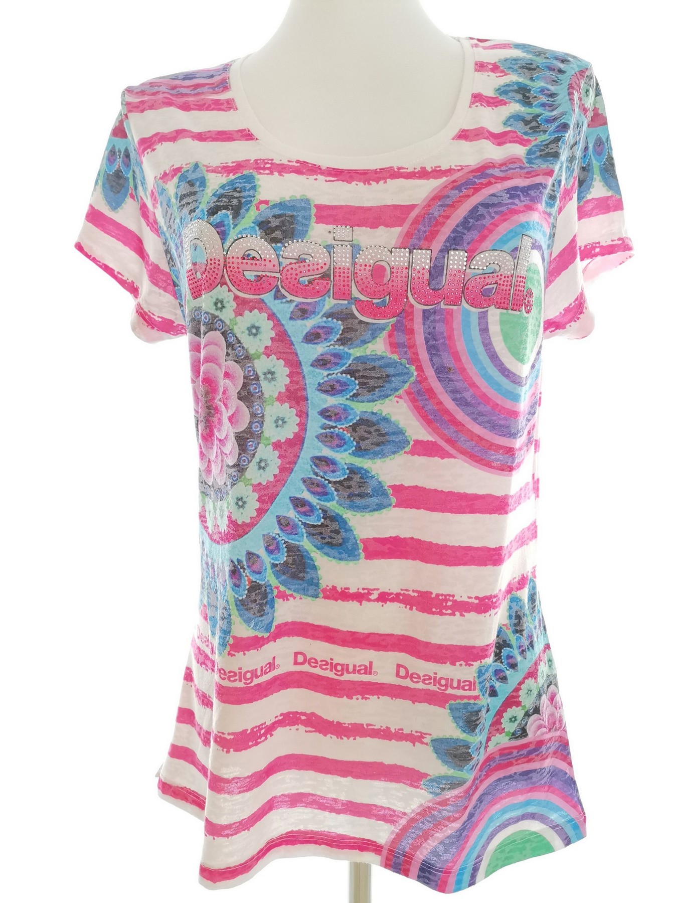 DESIGUAL Size XXL (38-40) Color Kolorowa Pasy Okrągły dekolt Bluzka Krótki rękaw Fabric Bawełna