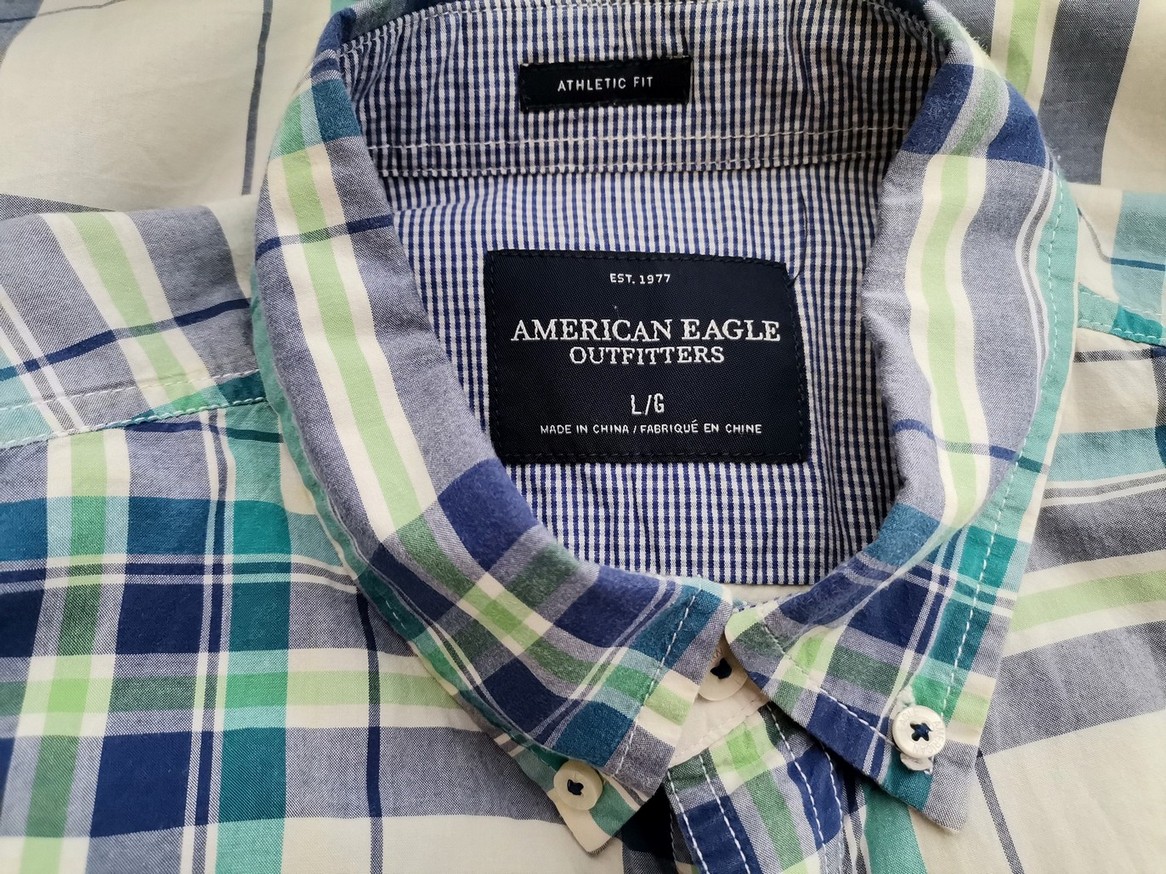 American Eagle Size L Color Granatowy Krata Kołnierz Męska Koszula Casual Długi rękaw Fabric Bawełna 100%