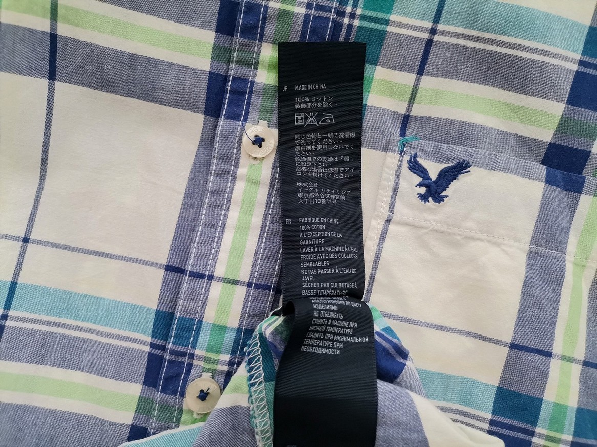 American Eagle Size L Color Granatowy Krata Kołnierz Męska Koszula Casual Długi rękaw Fabric Bawełna 100%