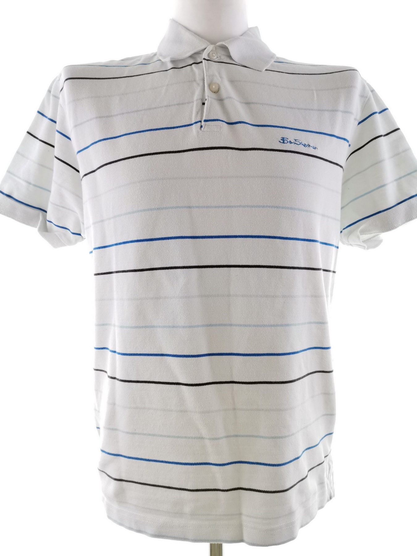 BEN SHERMAN Size M Color Biały Pasy Kołnierz Męska Koszula Polo Krótki rękaw Fabric Bawełna 100%