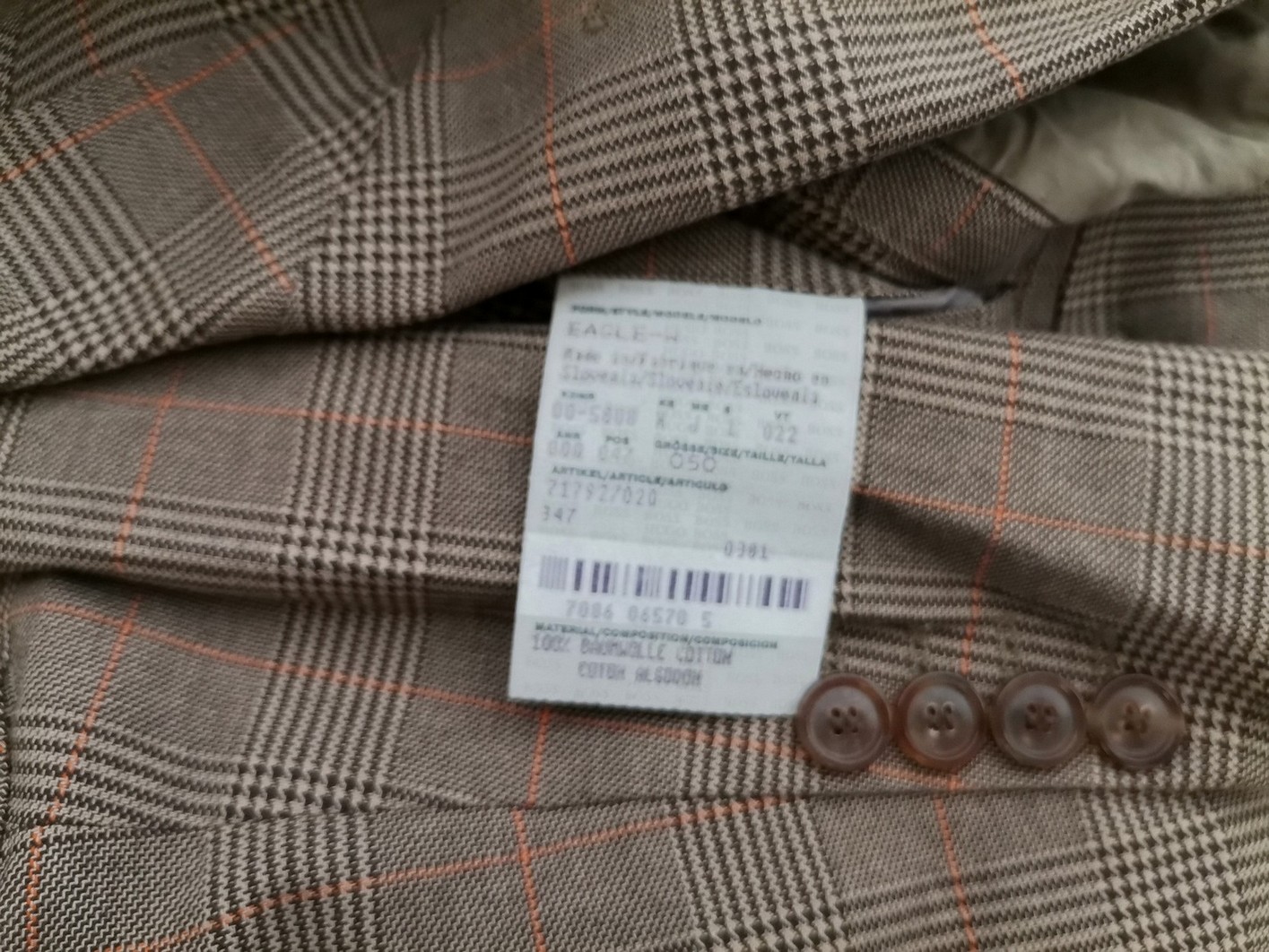 Hugo Boss Size 50 Color Szary Krata Męska Marynarka Długi rękaw Fabric Bawełna 100%