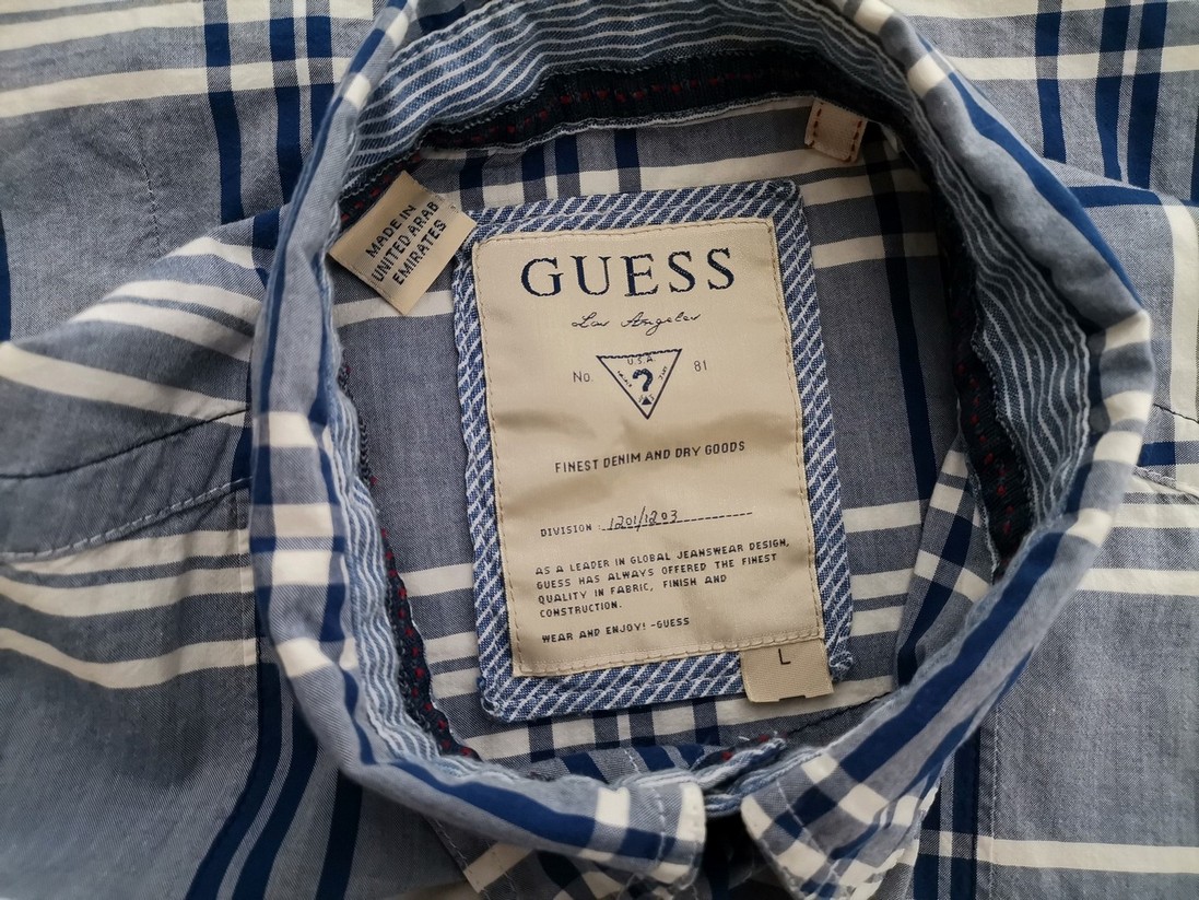 Guess Size L Color Granatowy Krata Kołnierz Męska Koszula Casual Krótki rękaw Fabric Bawełna 100%