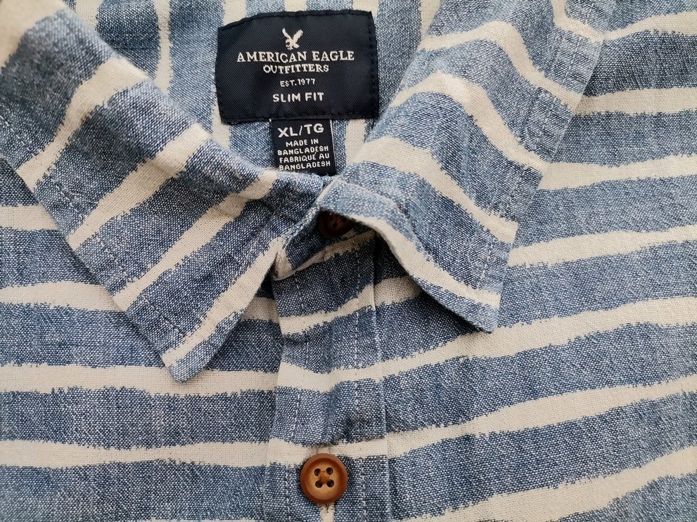 American Eagle Size XL Color Niebieski Pasy Kołnierz Męska Koszula Casual Krótki rękaw Fabric Bawełna 100%