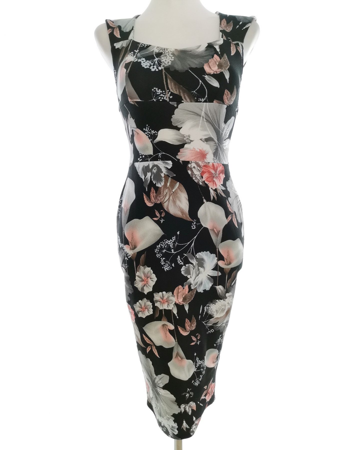 Boohoo Size 8 (36) Color Czarny Kwadratowy dekolt Sukienka Bodycon Bezrękawnik Midi