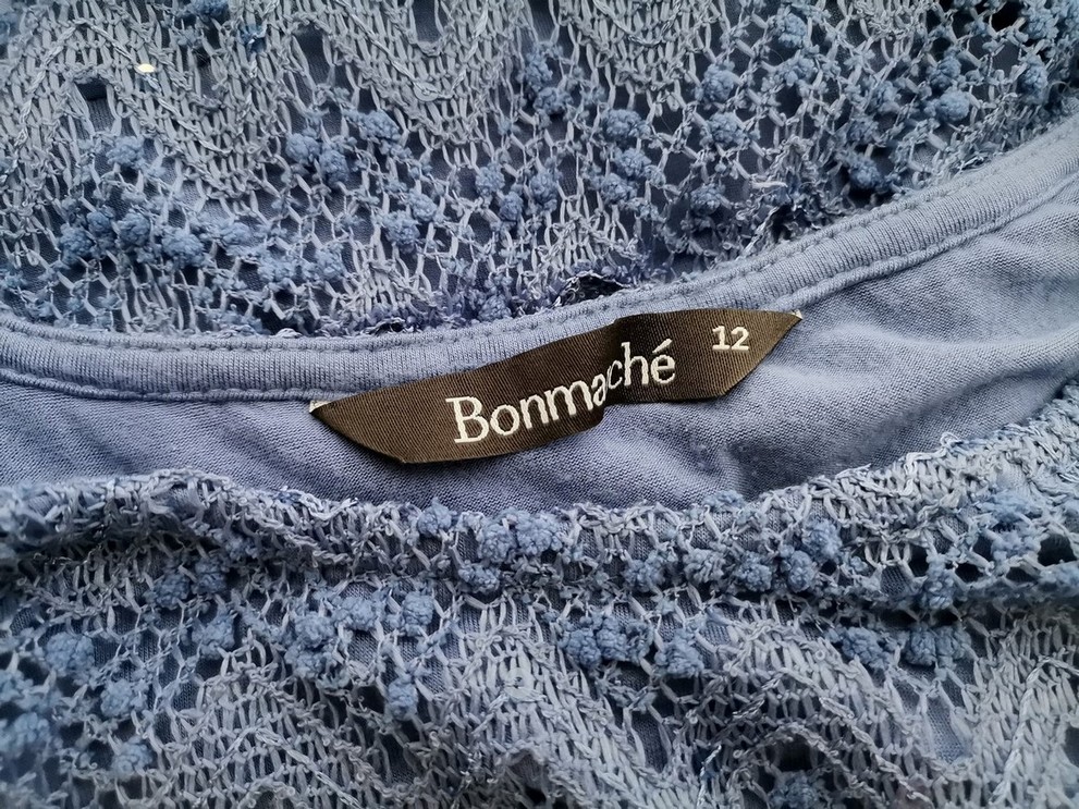 BONMARCHE Size 12 (40) Color Niebieski Jodełka Okrągły dekolt Tunika Bluzka Dzianina Rękaw 3/4