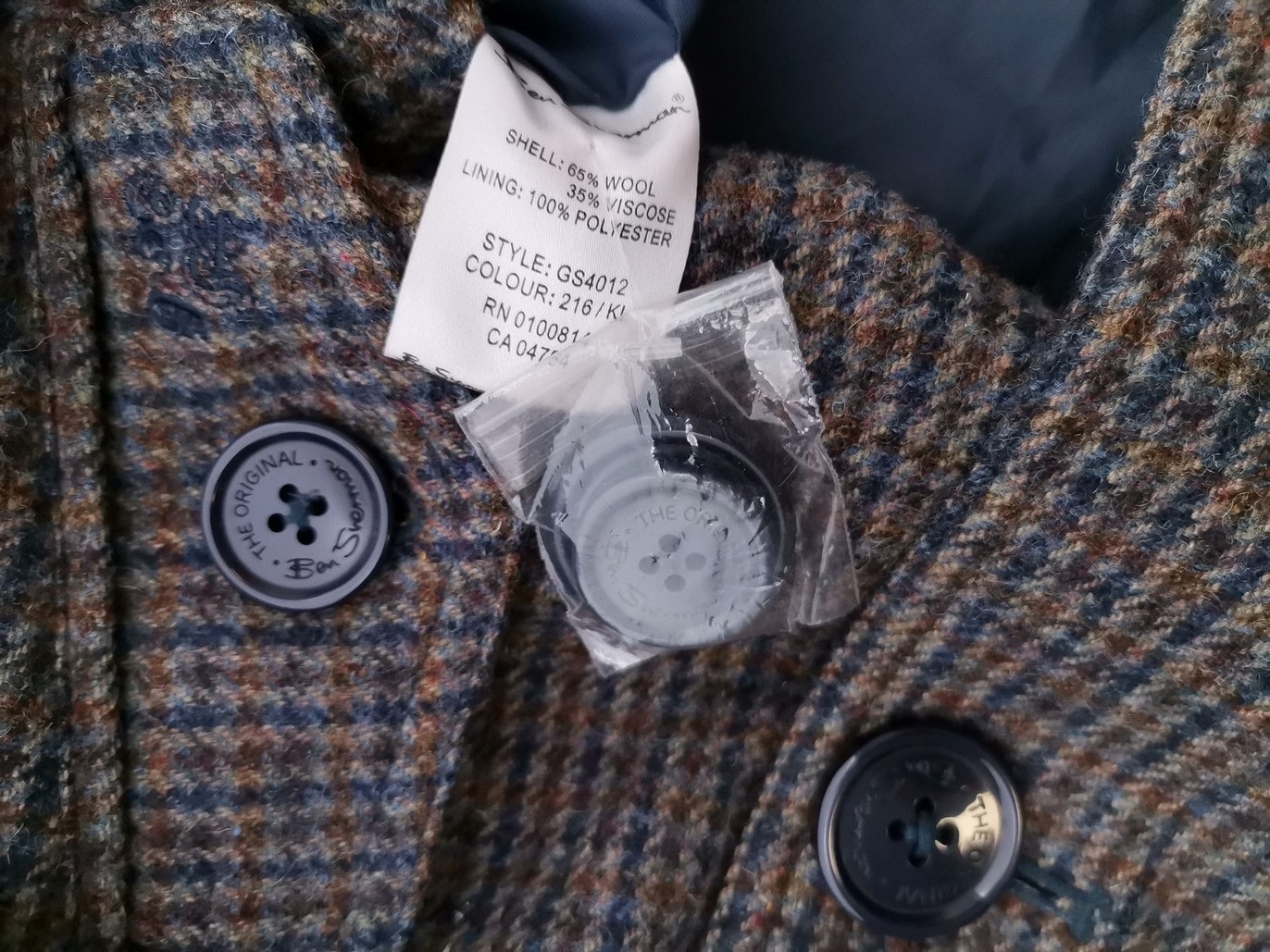 BEN SHERMAN Size S Color Szary Krata Kołnierz Żakiet z zapięciem Rękaw 3/4 Fabric Wełna