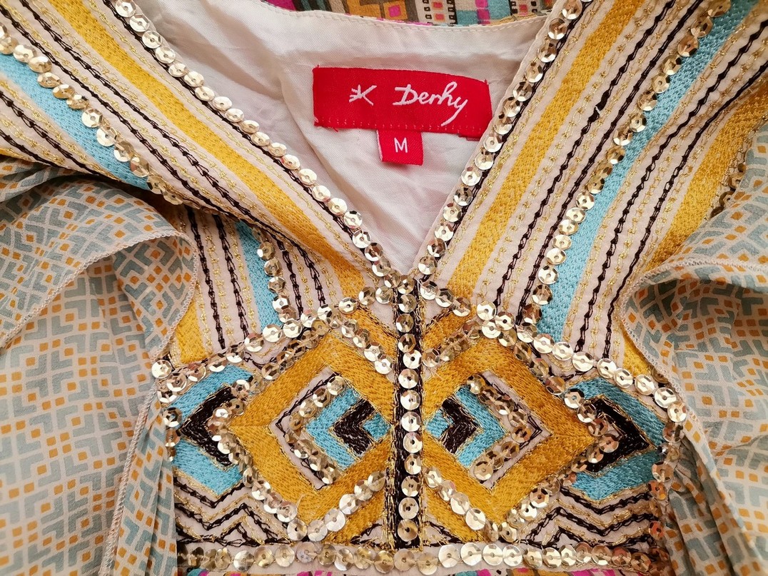 DERHY Size M Color Niebieski W serek Sukienka Elegancka Krótki rękaw Midi Fabric Jedwab 100%