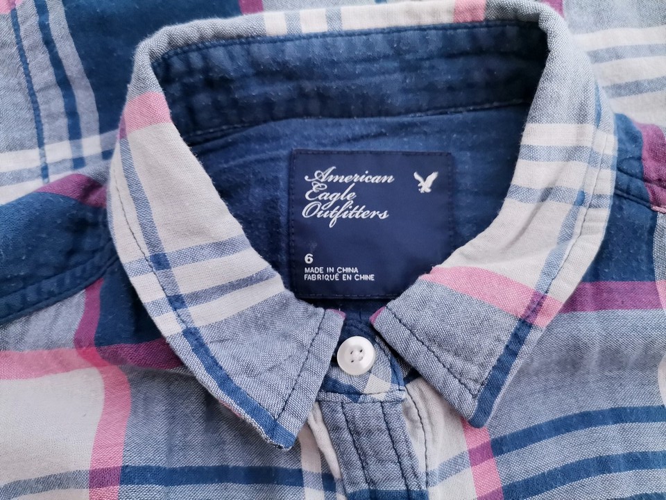 American Eagle Size 6 (34) Color Niebieski Krata Kołnierz Koszula Zapinana Bluzka Długi rękaw Fabric Bawełna 100%