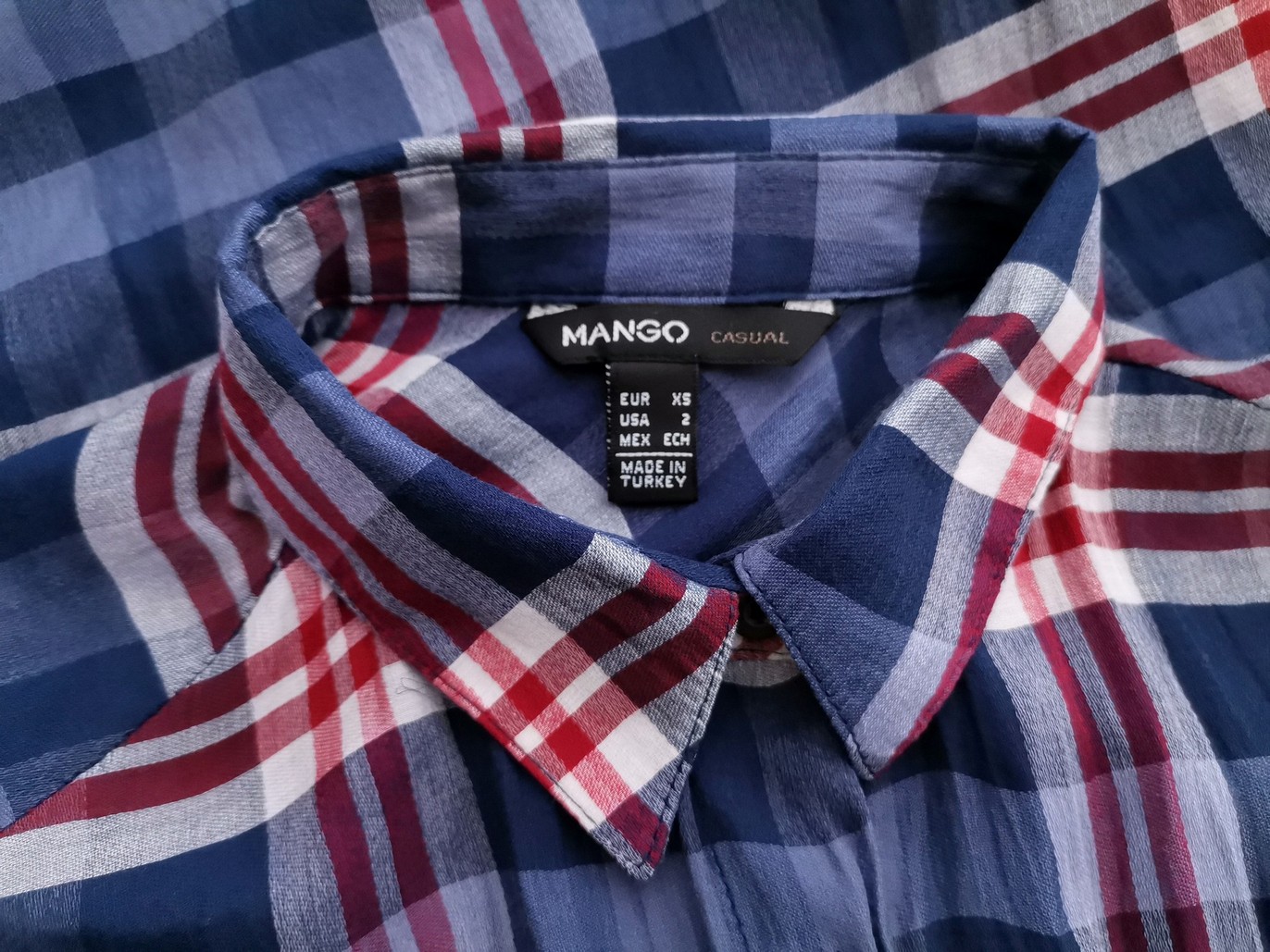 Mango Size XS Color Niebieski Krata Kołnierz Koszula Zapinana Bluzka Długi rękaw Fabric Wiskoza