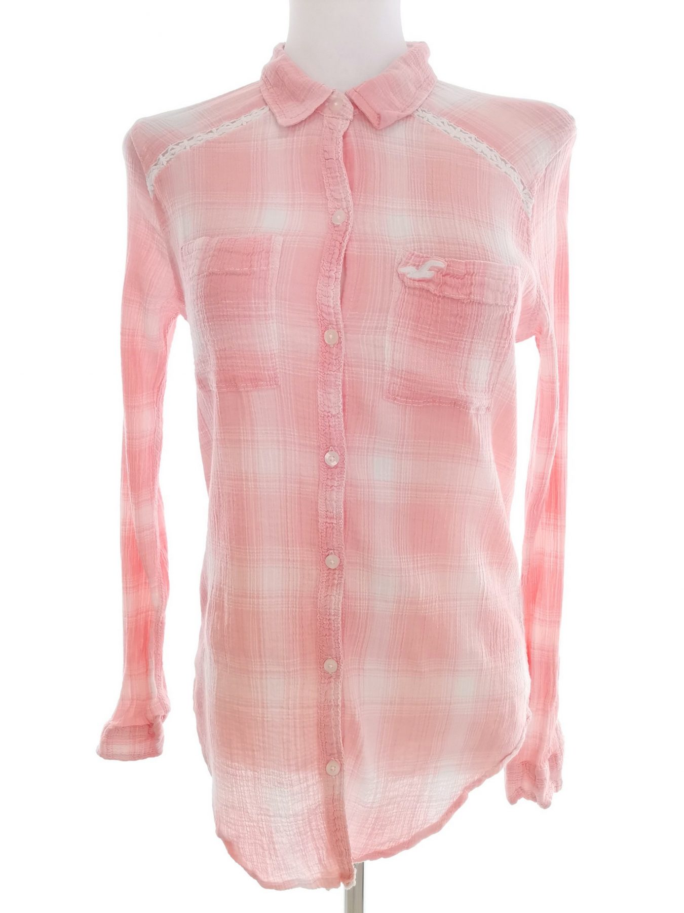 Hollister Size S Color Różowy Krata Kołnierz Bluzka Zapinana Długi rękaw Fabric Bawełna 100%