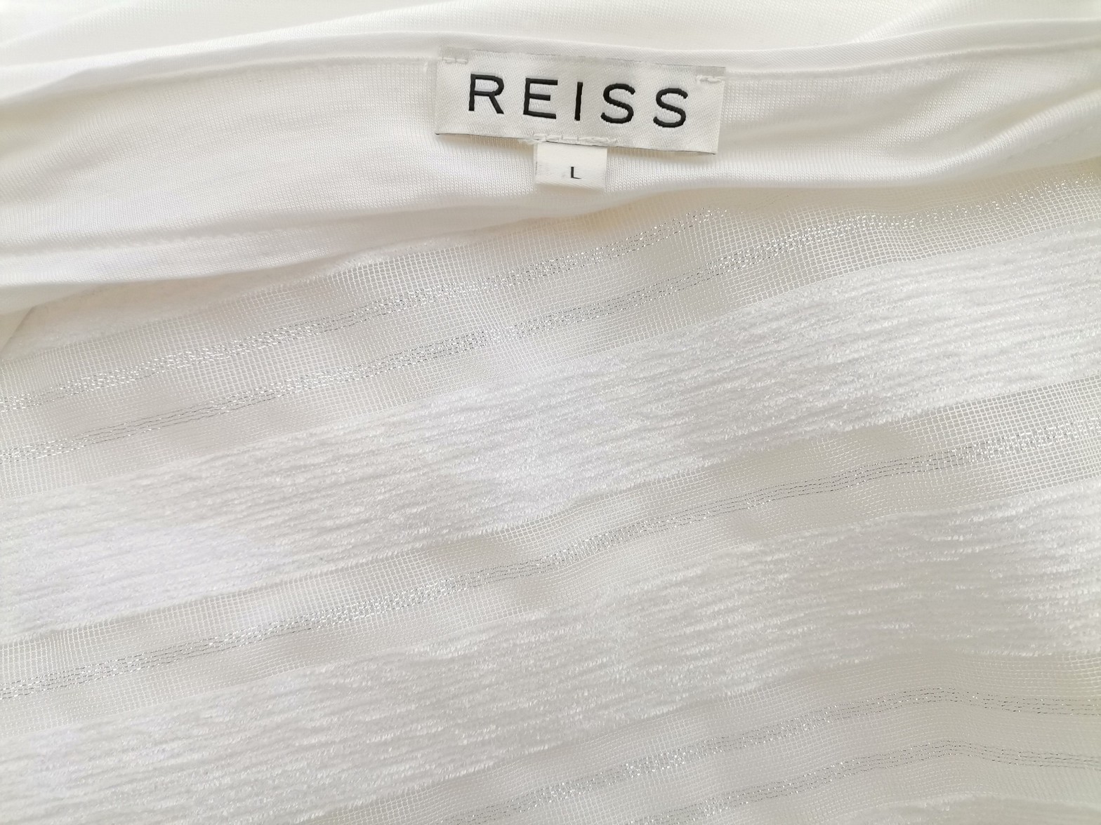 Reiss Size L Color Biały Pasy Okrągły dekolt Bluzka Krótki rękaw Fabric Lyocell 100%