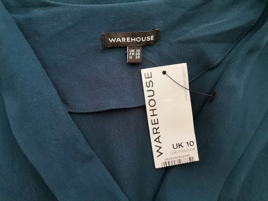 Warehouse Size 10 (36) Color Niebieski W serek Sukienka Elegancka Rękaw 3/4 Midi Fabric Wiskoza 100%