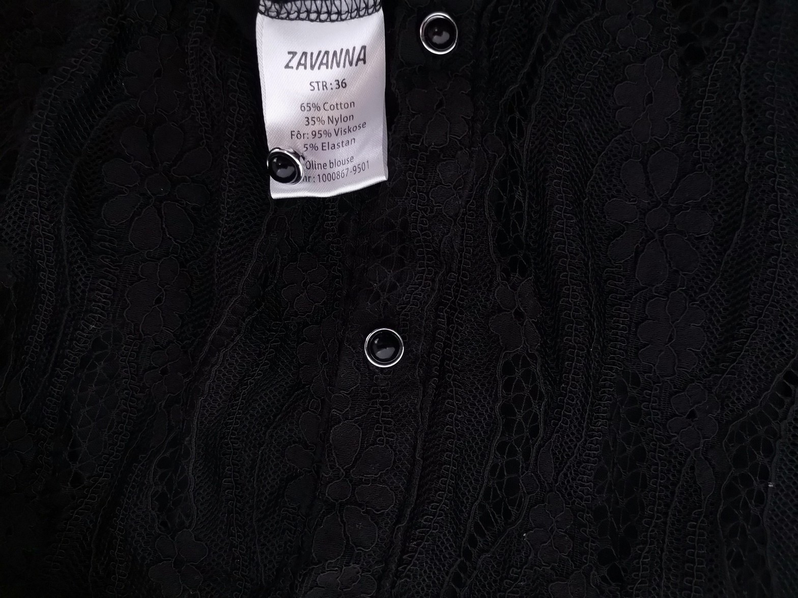 Zavanna Size 36 Color Czarny Crew Neck Bluzka Zapinana Długi rękaw Fabric Bawełna