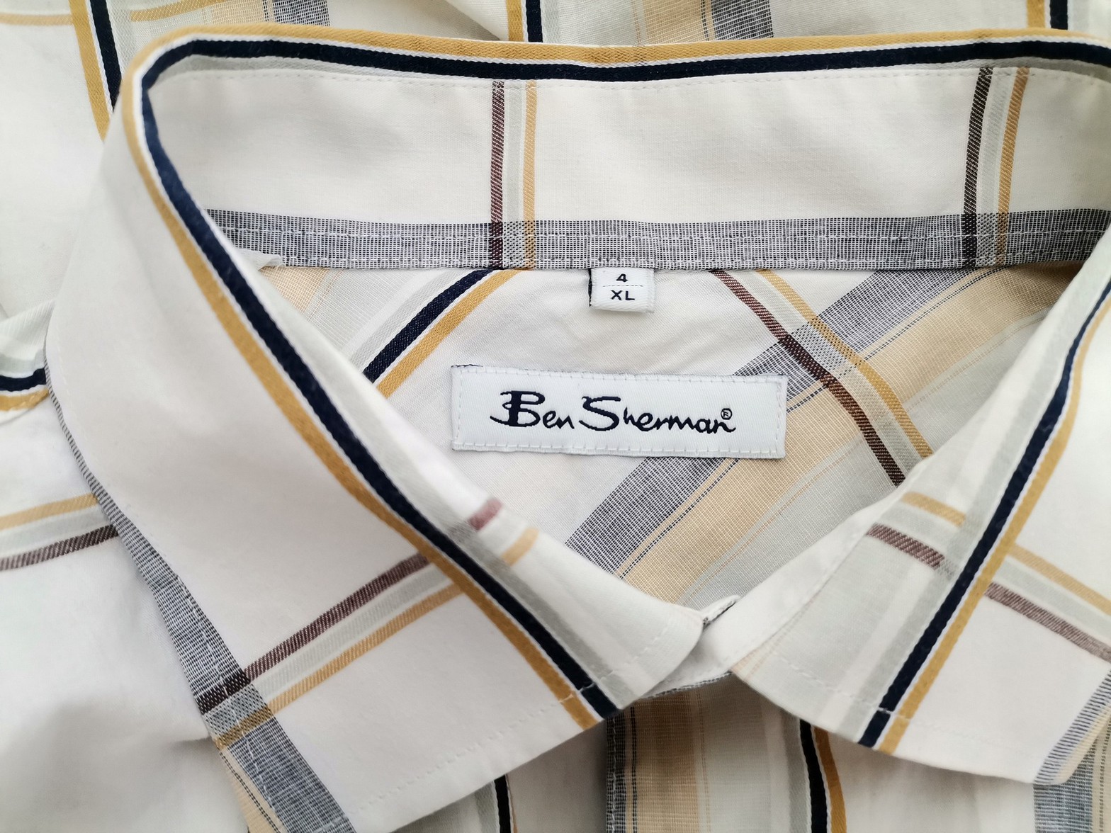 BEN SHERMAN Size 4 (XL) Color Kremowy Krata Kołnierz Męska Koszula Casual Krótki rękaw