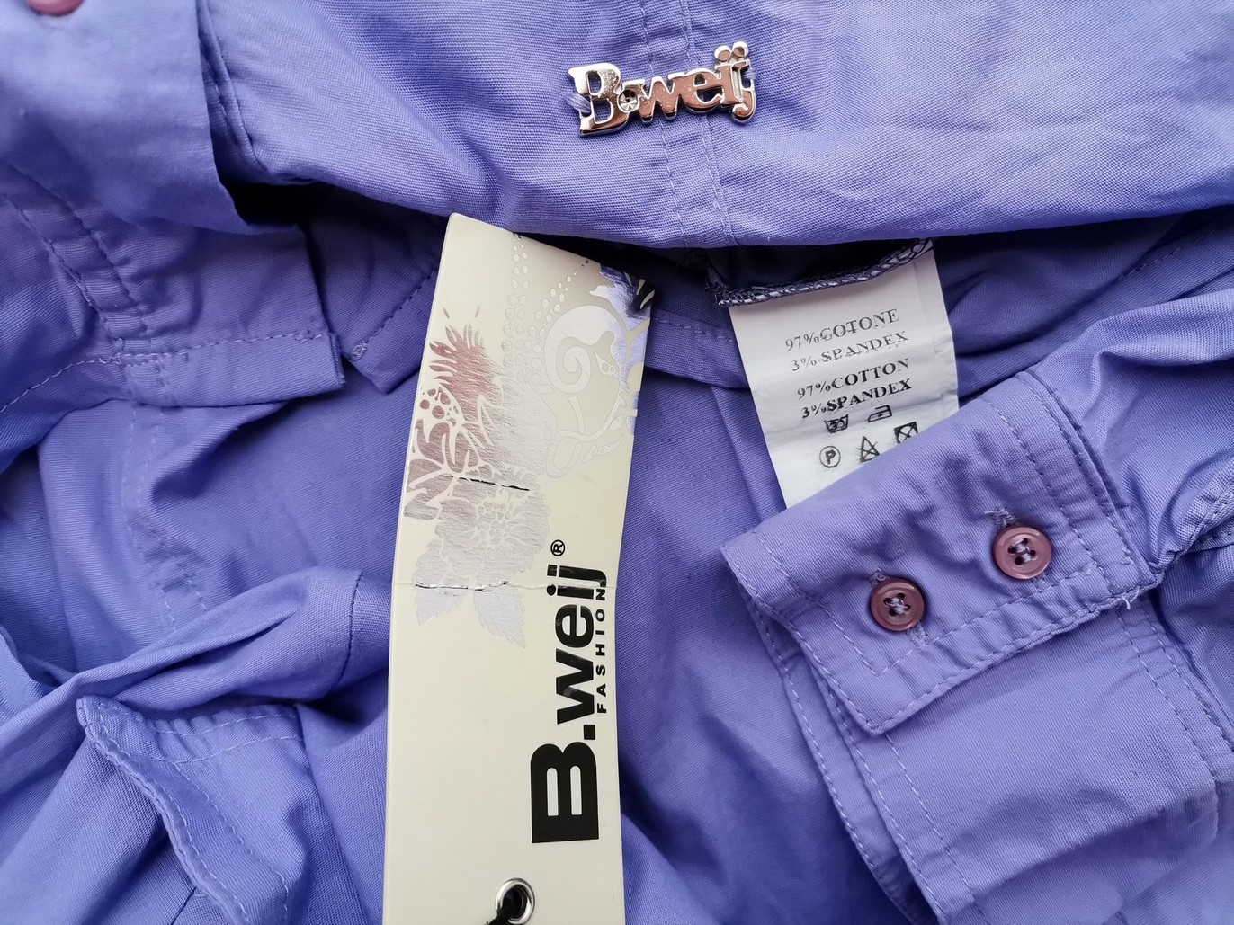 B.WEIJ Size M Color Fioletowy Kołnierz Koszula Zapinana Bluzka Rękaw 3/4 Fabric Bawełna