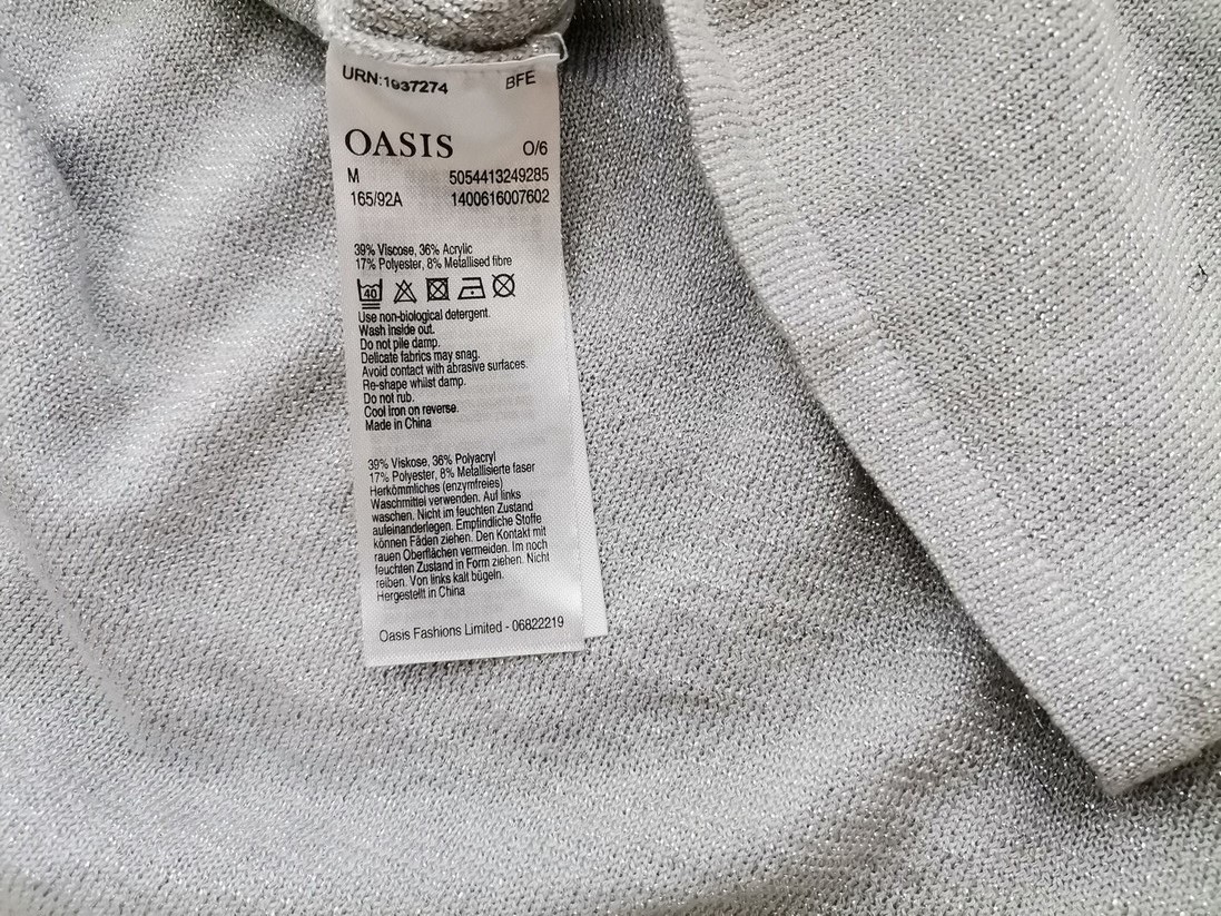 Oasis Size M Color Szary W serek Bluzka Rękaw 3/4 Fabric Wiskoza