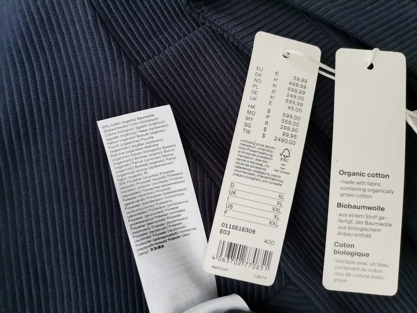 Esprit Size XL Color Granatowy W łódkę Sukienka Prosta Rękaw 3/4 Do Kolan Fabric Bawełna