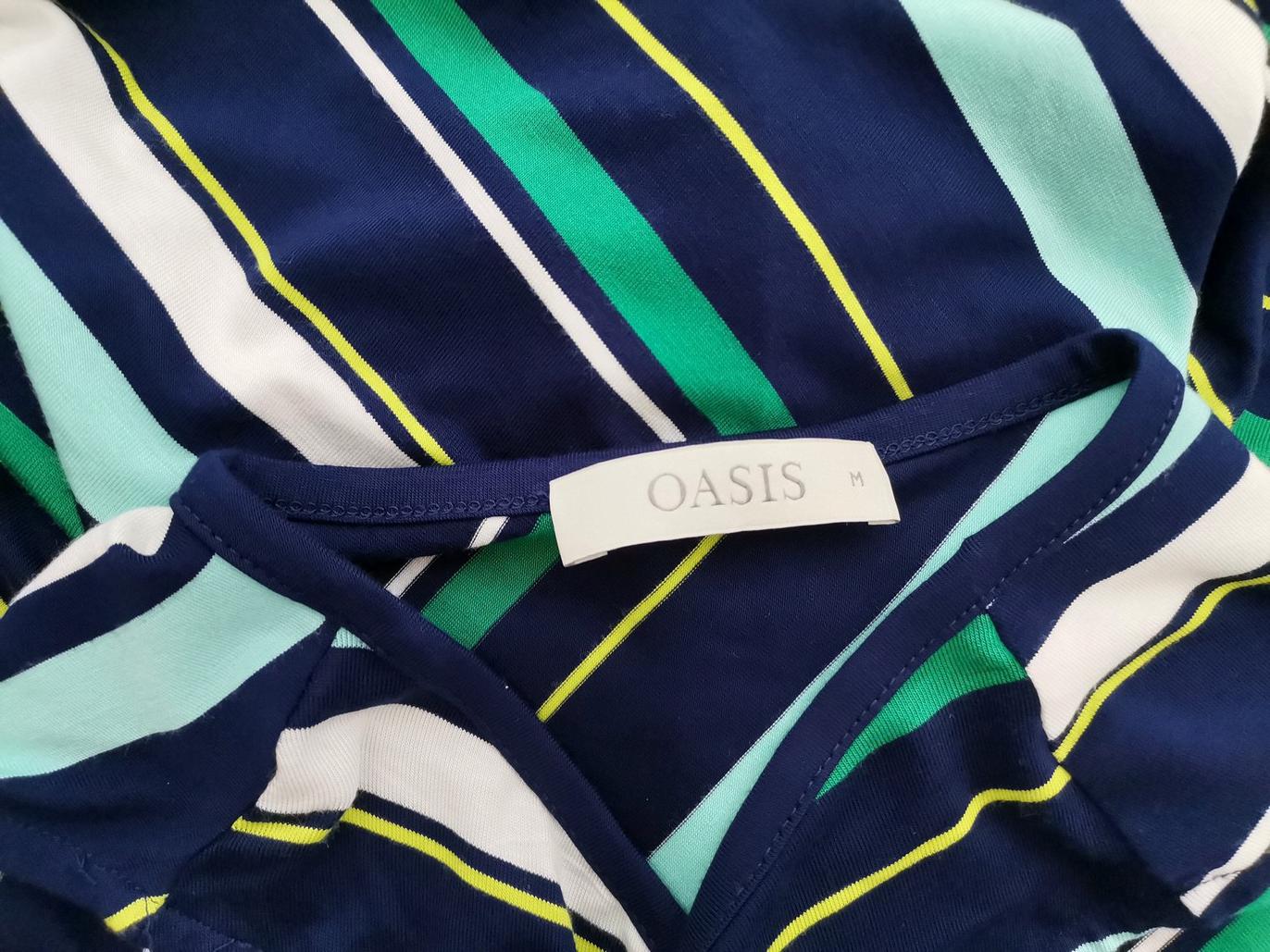 Oasis Size M Color Granatowy Pasy W serek Sukienka Elegancka Bezrękawnik Do Kolan Fabric Wiskoza