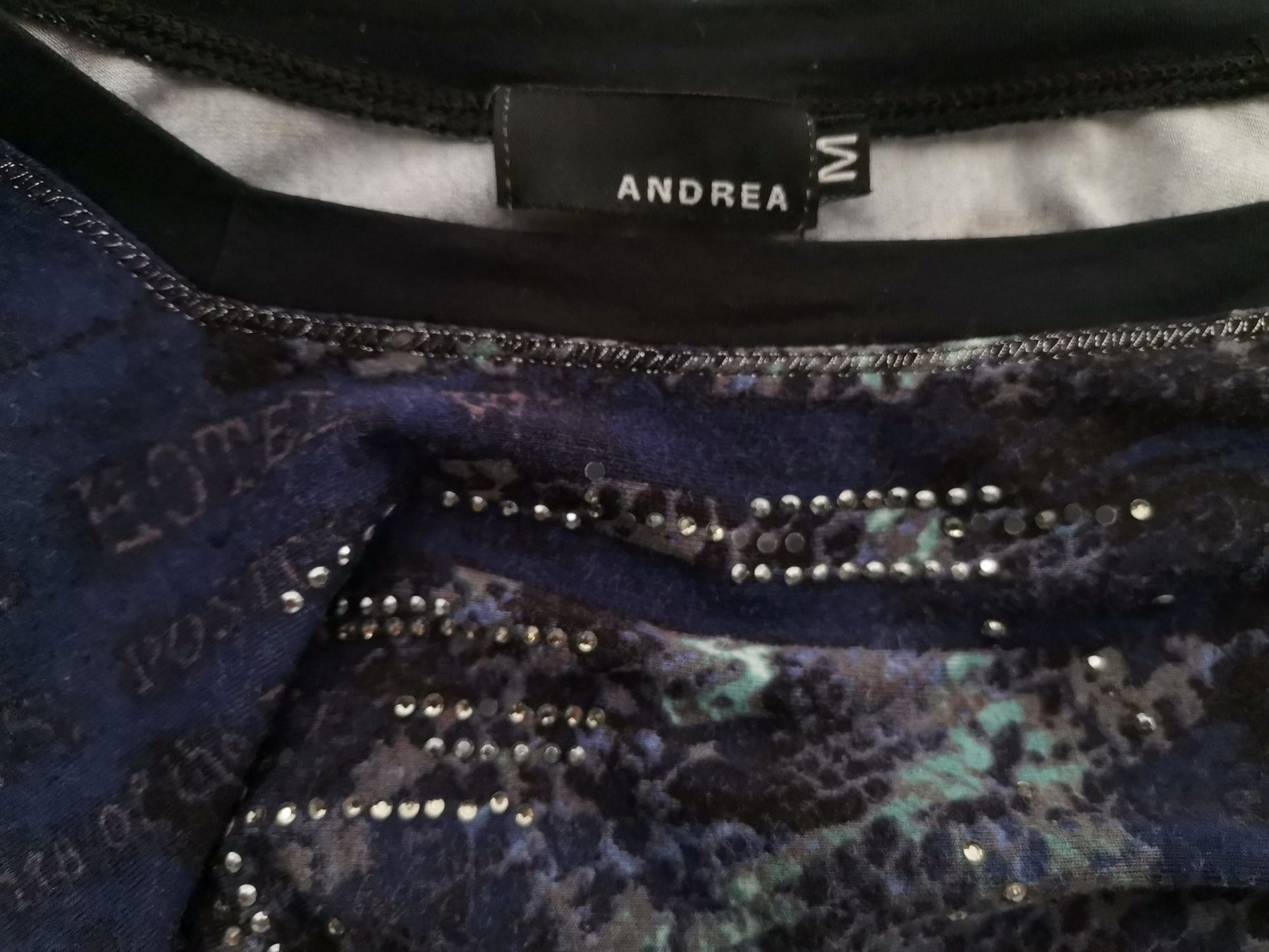 Andrea Size M Color Granatowy Kwadratowy dekolt Tunika Bluzka Długi rękaw Fabric Wiskoza