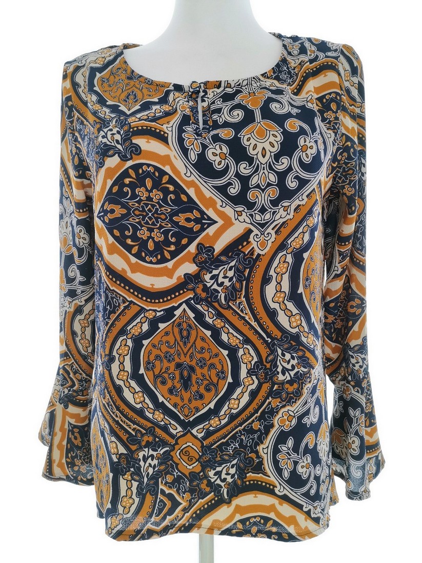 Izabel London Size 8 (36) Color Granatowy Damask Paisley Okrągły dekolt Bluzka Długi rękaw