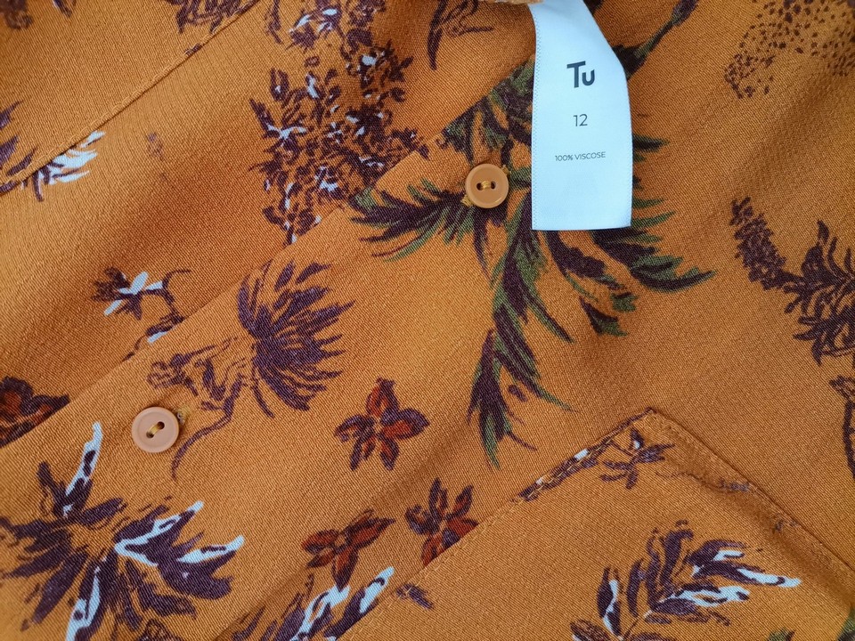 Tu Size 12 (40) Color Pomarańczowy Pasy Kołnierz Koszula Zapinana Bluzka Długi rękaw Fabric Wiskoza 100%