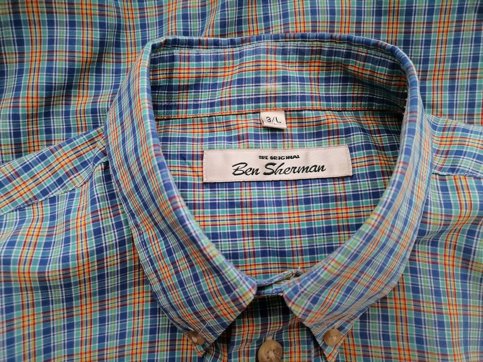 BEN SHERMAN Size 3 (L) Color Niebieski Krata Kołnierz Męska Koszula Casual Długi rękaw