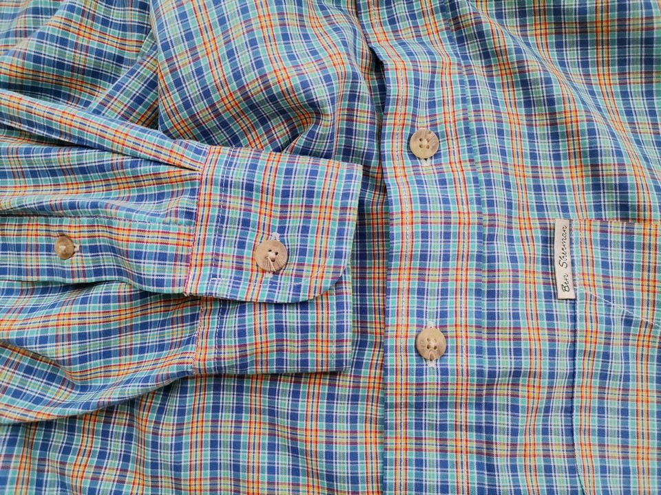 BEN SHERMAN Size 3 (L) Color Niebieski Krata Kołnierz Męska Koszula Casual Długi rękaw