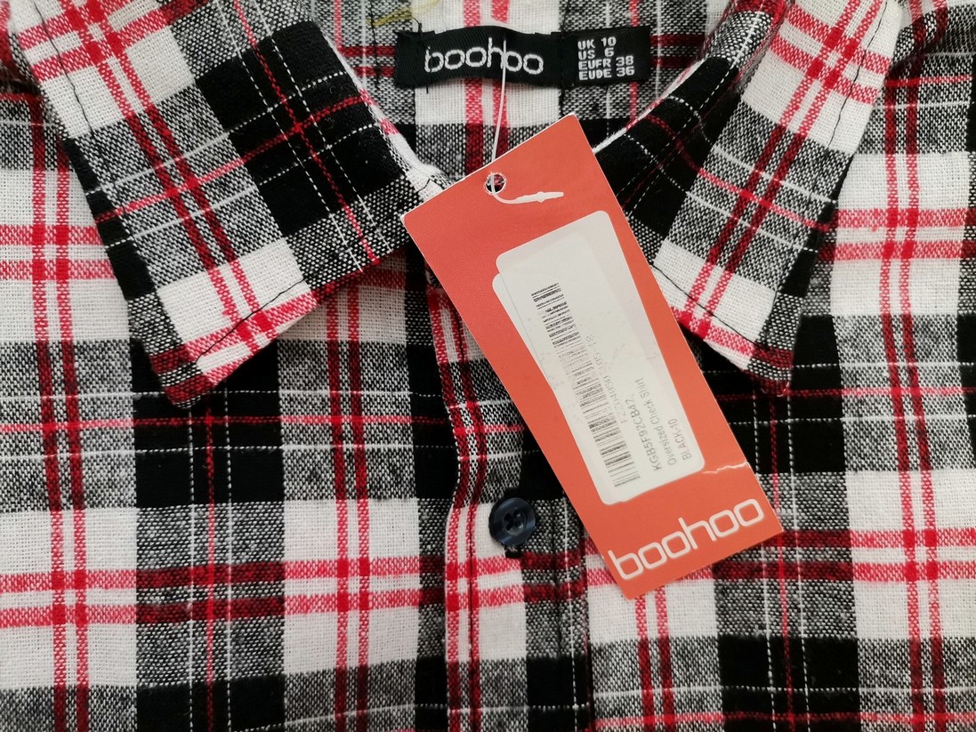 Boohoo Size 10 (38) Color Czarny Krata Kołnierz Tunika Zapinana Bluzka Długi rękaw Fabric Bawełna